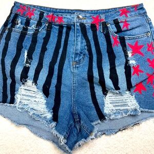 BIRDS OF PREY Distressed Blue Jean Short Shorts Red Star and Black Stripe Design